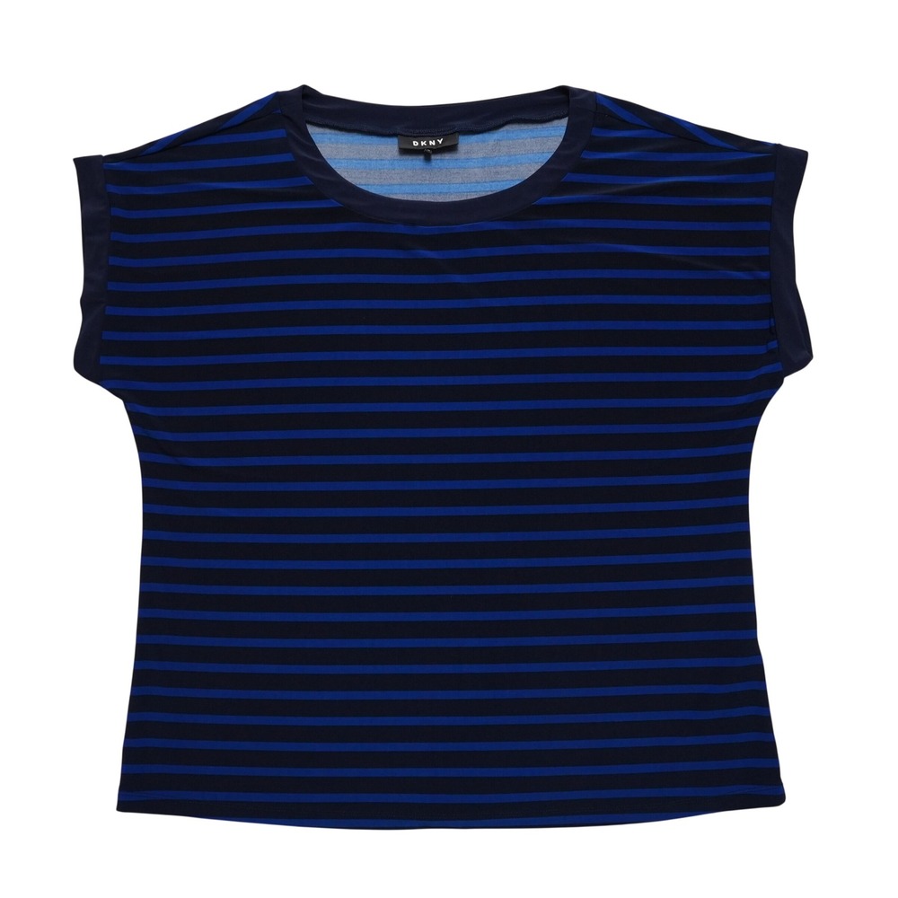 DKNY Striped Crew Neck Shirt Women XL Blue Black Cap Sleeve Stretch Top